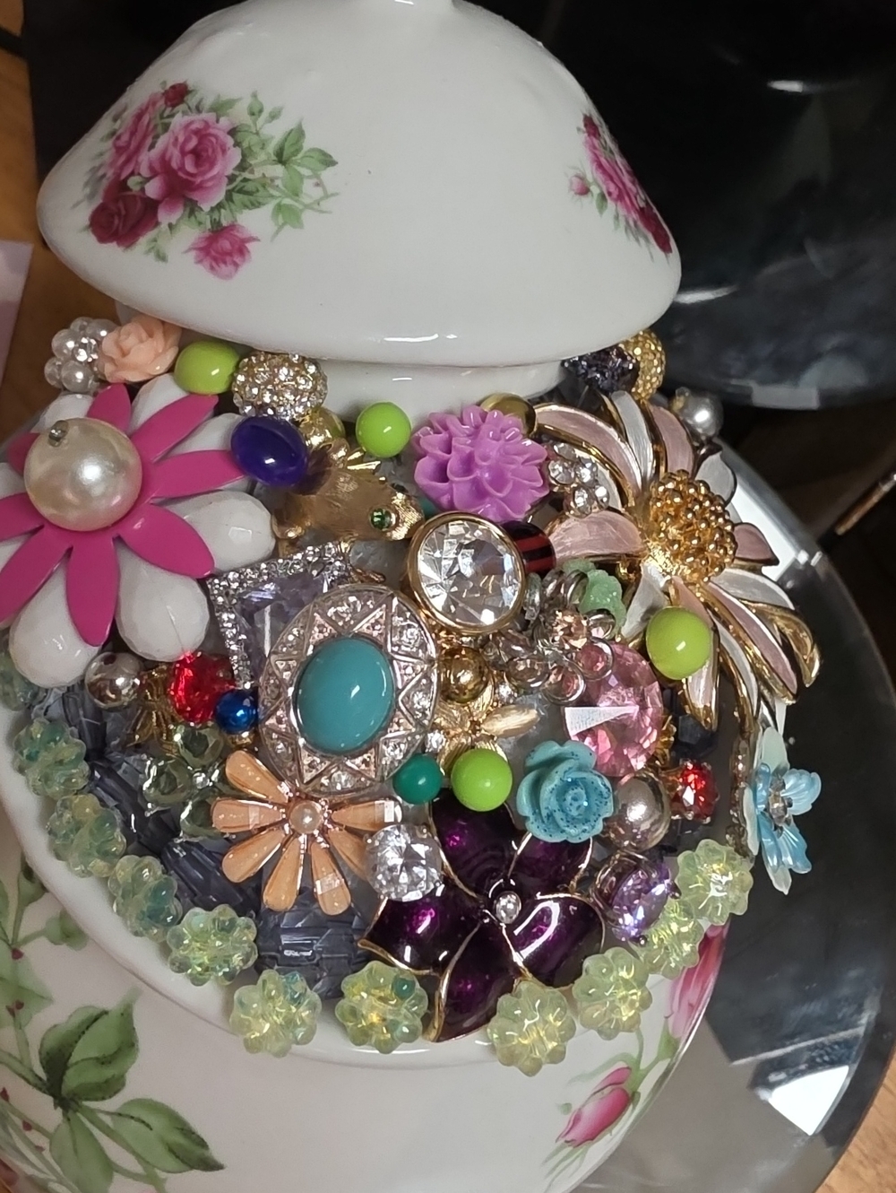 Hand Crafted Jewelry Embellished Porcelain Rose Teapot Art - Picture 6 of 10